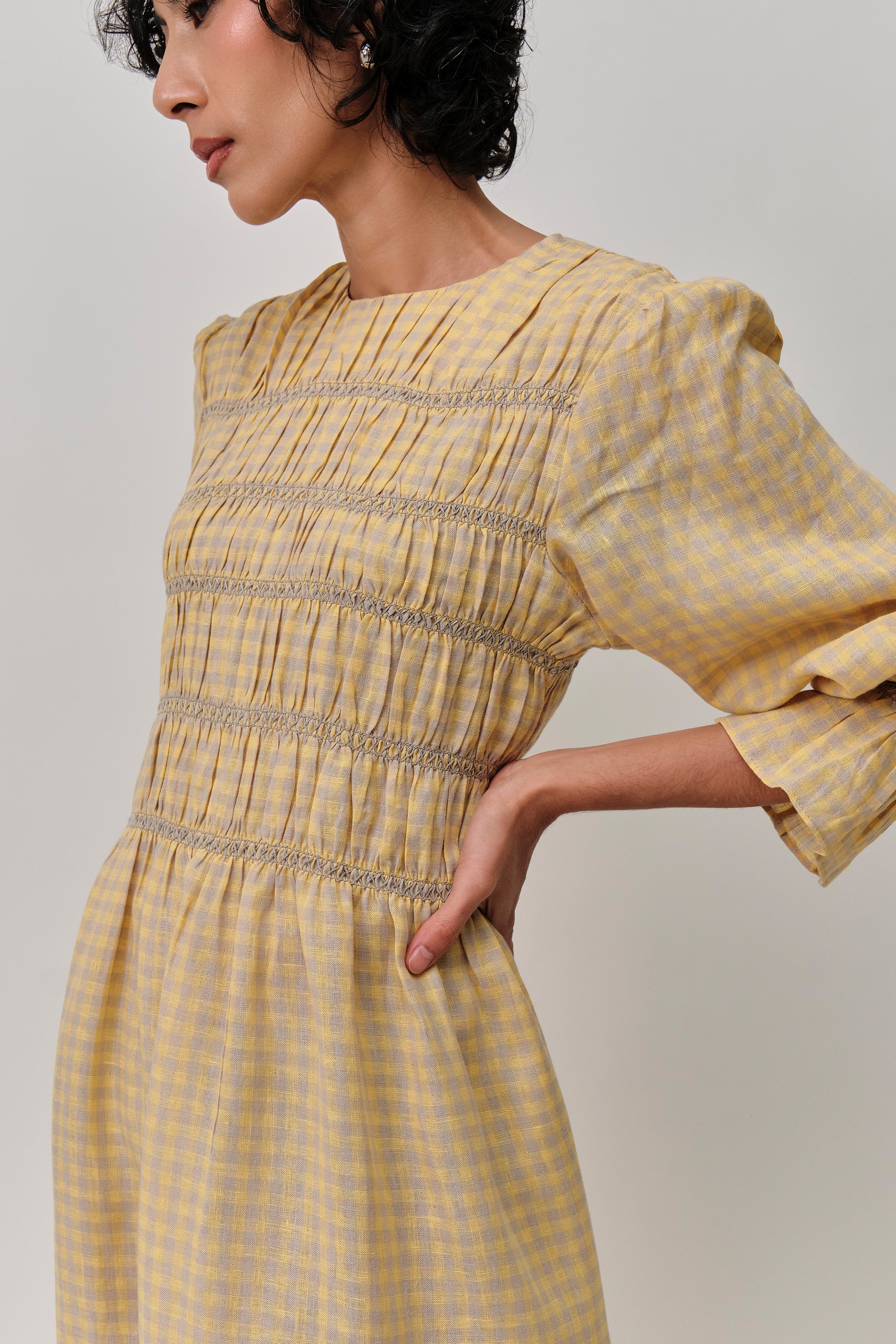 Honeymoon Shirred Linen Dress in Lemon Gingham